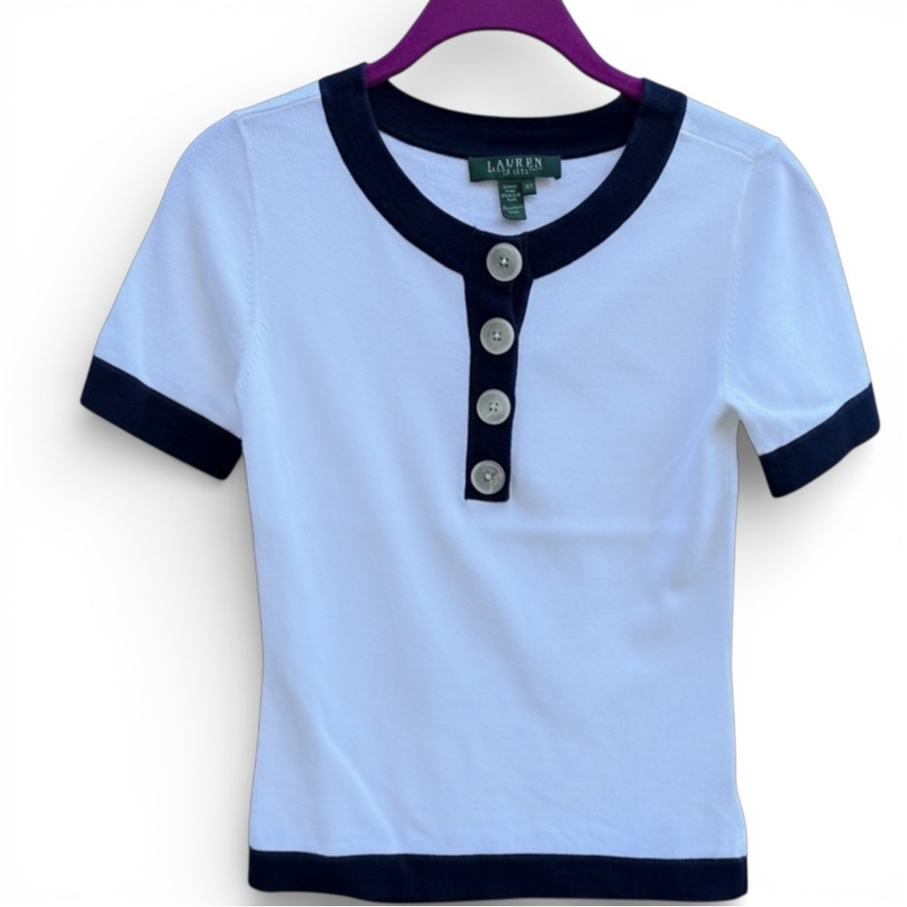 Lauren Ralph Lauren White Short Sleeve Henley Tee with Navy Trim